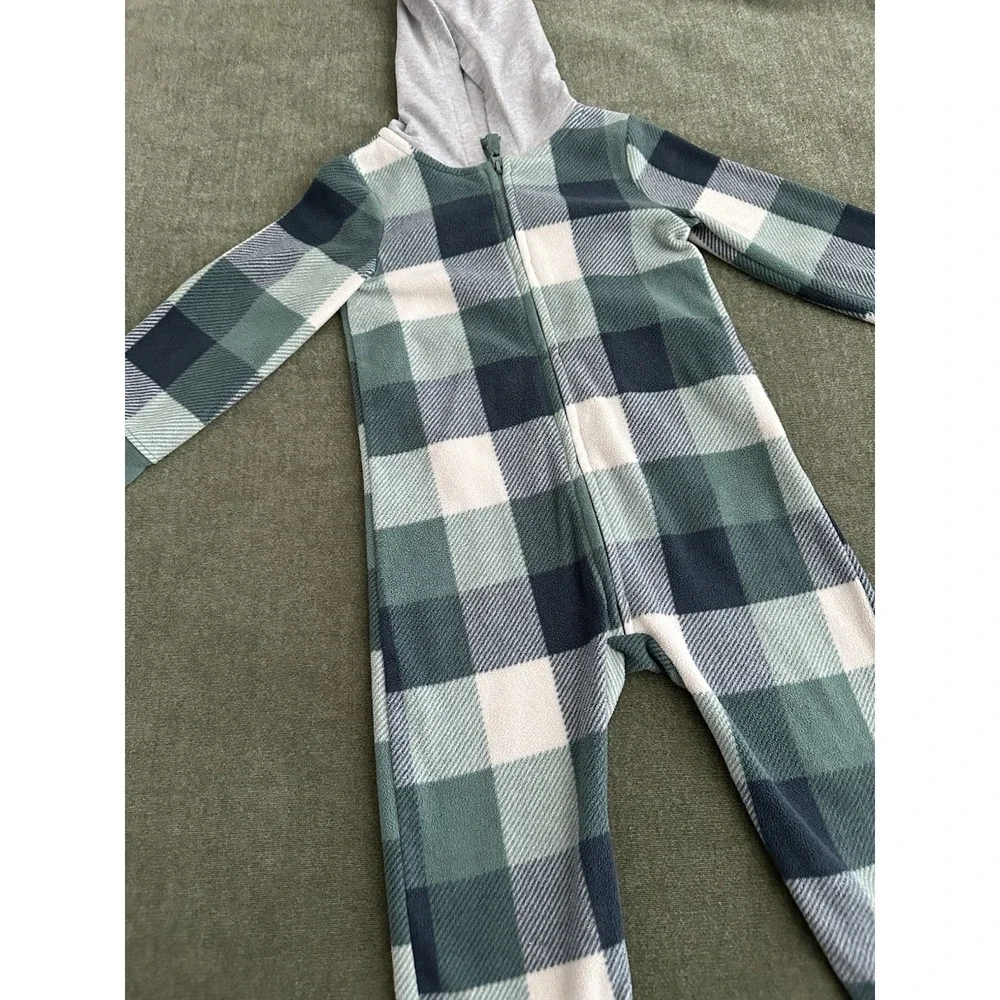 Carter's Plaid Fleece Hooded One Piece Sleepwear Green Blue Gray 24 Months